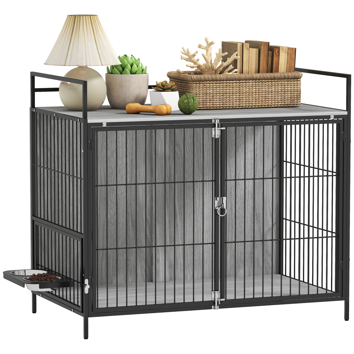 cortex-london-kensington-grey-dog-crate-side-table-rotating-bowl-holder