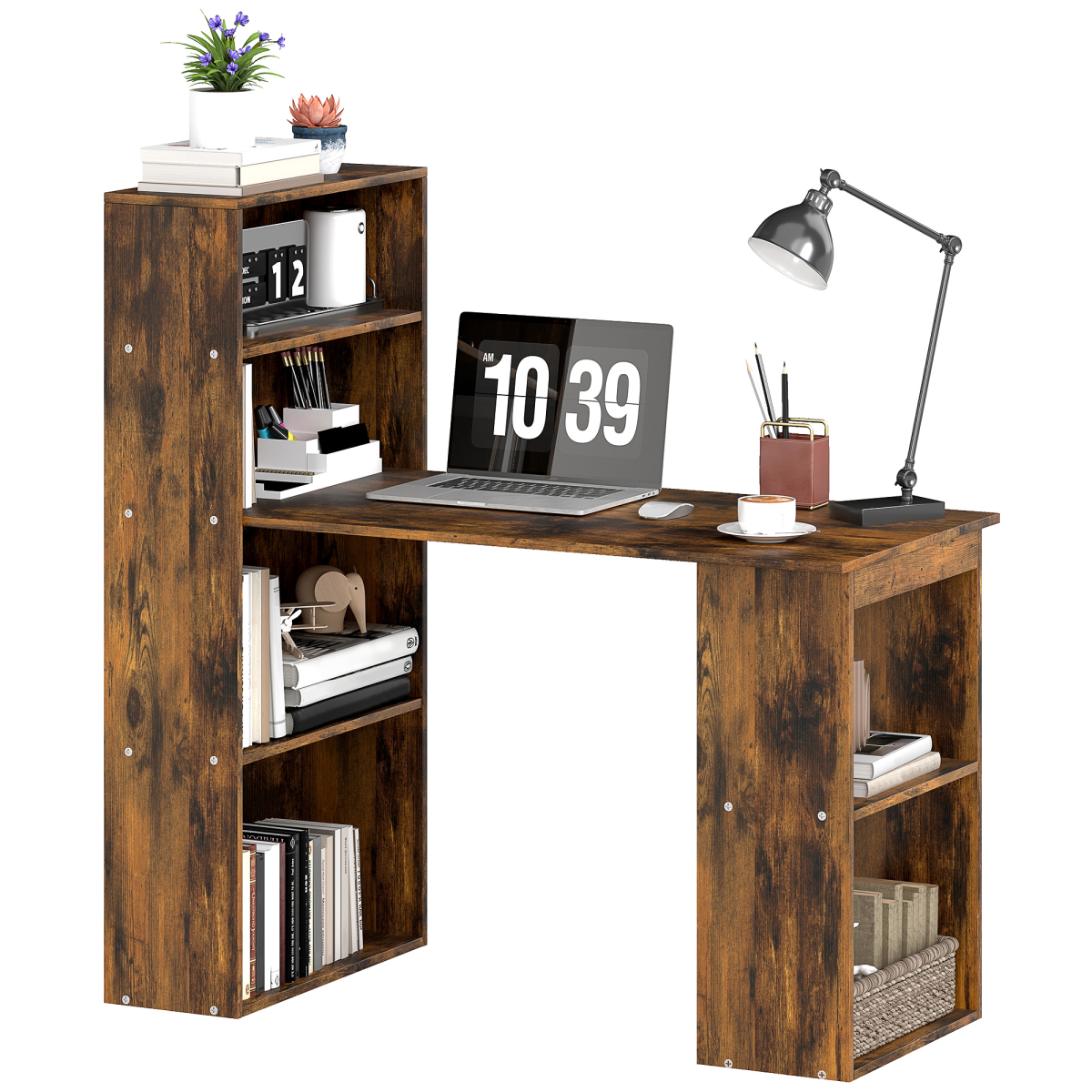 cortex-london-york-rustic-brown-computer-desk-bookshelf-six-shelves