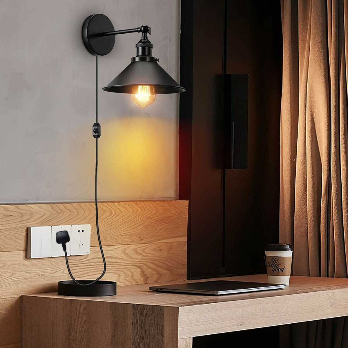 cortex-london-york-black-plug-in-cone-metal-wall-light-shade