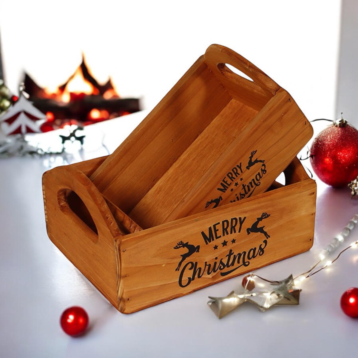 Durable & Stackable Vintage Brown Merry Xmas Storage Crate with Compartments Set of 2 – Stylish Display Containers for Home Organization, Garden-Themed, and Home Decor (Merry Christmas Art)