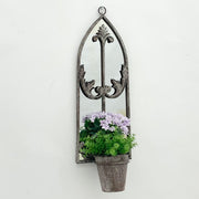 Elegant Rustic Arched Garden Wall Mirror with Flower Pot Holder - Patina Finish, Glass & Metal Frame, 60cm Height - Perfect Planter for Balcony, Porch & Outdoor Aesthetics (1, Floral Design)