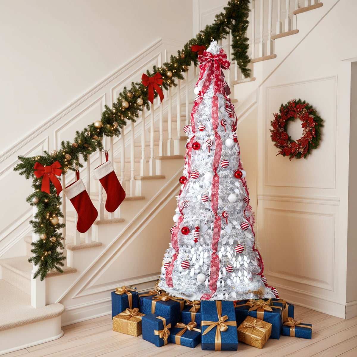 6 FT Fully Decorated Pre-lit Christmas Tree, Pop Up Artificial Xmas Tree with 100 Warm Lights and Red Ornaments for Home Office Store Holiday Deco, White