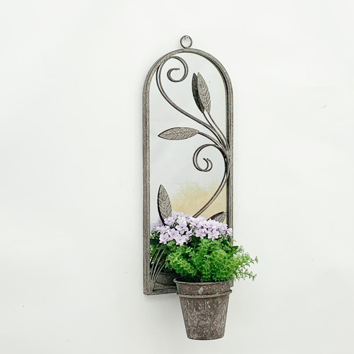 Elegant Rustic Arched Garden Wall Mirror with Flower Pot Holder - Patina Finish, Glass & Metal Frame, 60cm Height - Perfect Planter for Balcony, Porch & Outdoor Aesthetics (1, Leaf Design)