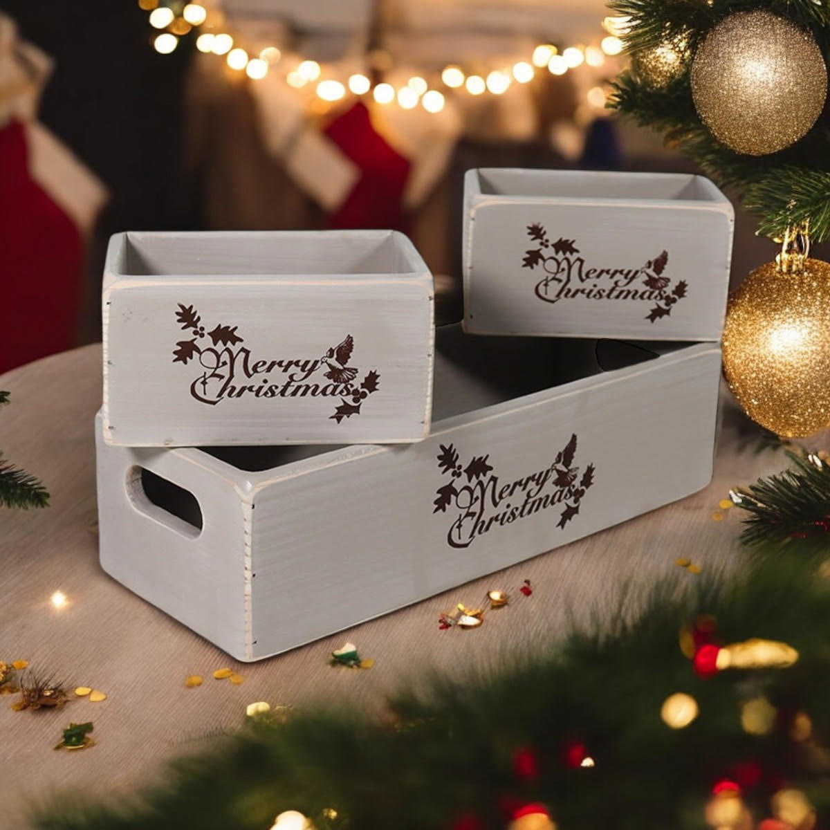 AcaciaHome Stylish and Vintage Wooden Merry Christmas Storage Crate Set – 3 Rustic Display Boxes for Garden & Home Decor – Stackable, Durable, Space-Saving Design for Home & Outdoor Use (Grey)