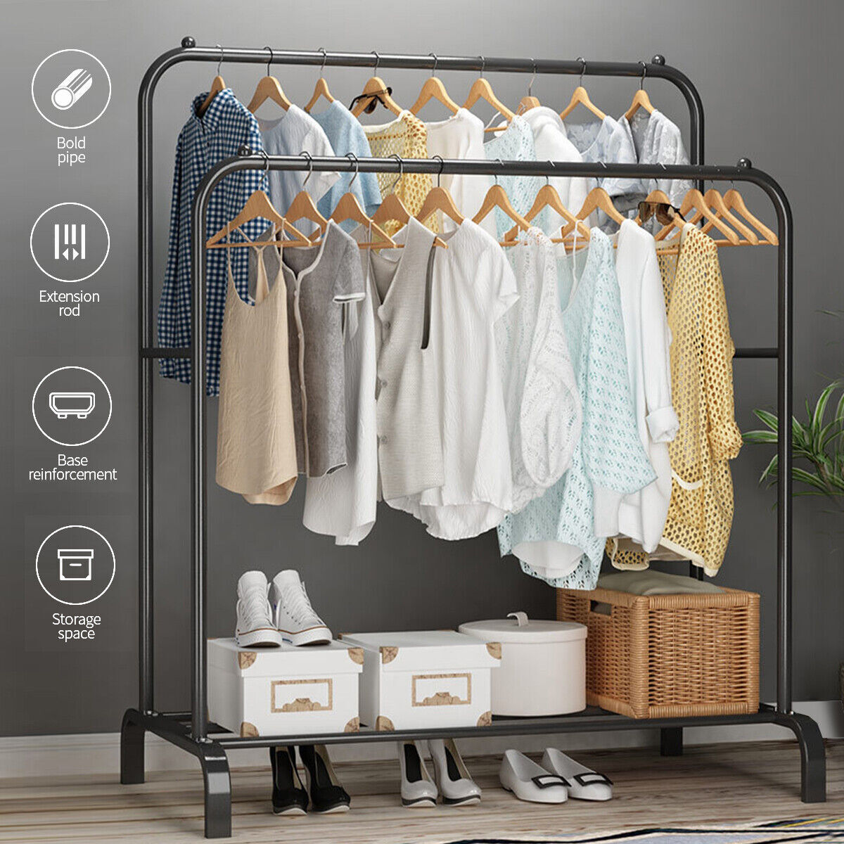Heavy Duty Double Clothes Rail Hanging Rack Garment Display Stand Shoes Storage