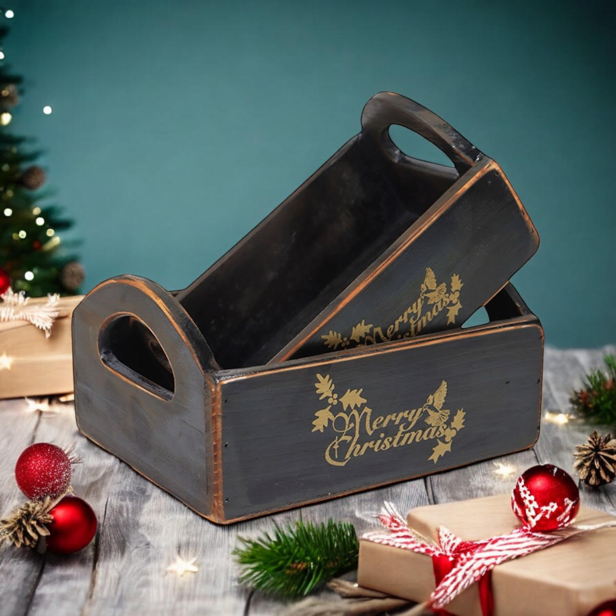 Durable & Stackable Vintage Black Merry Xmas Storage Crate with Compartments Set of 2 – Stylish Display Containers for Home Organization, Garden-Themed, and Home Decor (Merry Christmas Design)