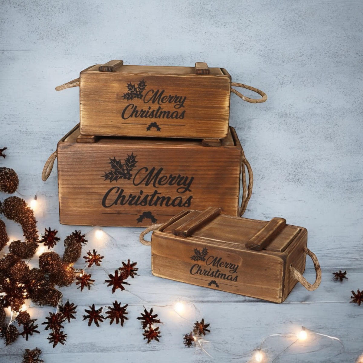 AcaciaHome Stylish and Vintage Wooden Merry Christmas Storage Crate Set – 3 Rustic Display Boxes for Garden & Home Decor – Stackable, Durable, Space-Saving Design for Home & Outdoor Use (Brown)