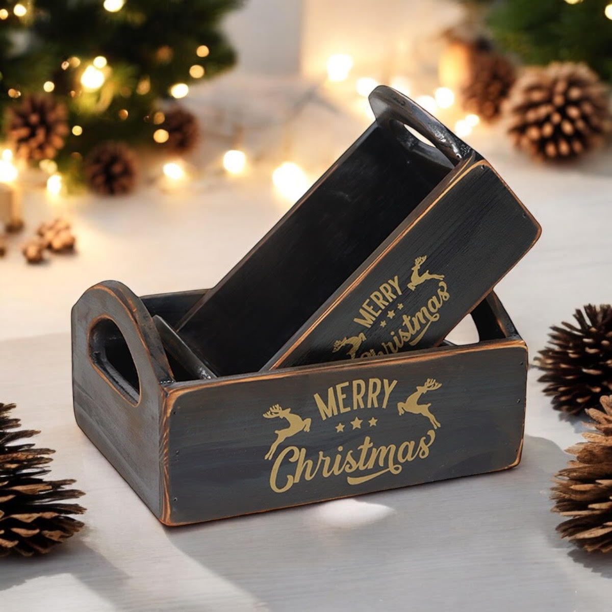 Durable & Stackable Vintage Black Merry Xmas Storage Crate with Compartments Set of 2 – Stylish Display Containers for Home Organization, Garden-Themed, and Home Decor (Merry Christmas Art)