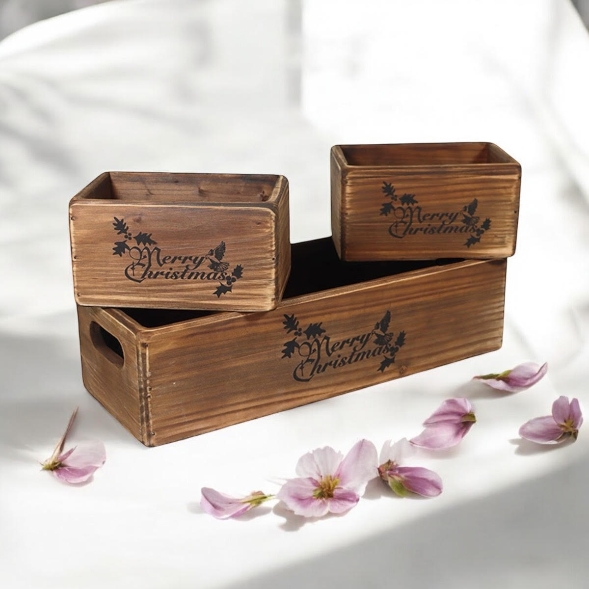 AcaciaHome Stylish and Vintage Wooden Merry Christmas Storage Crate Set – 3 Rustic Display Boxes for Garden & Home Decor – Stackable, Durable, Space-Saving Design for Home & Outdoor Use (Dark Brown)