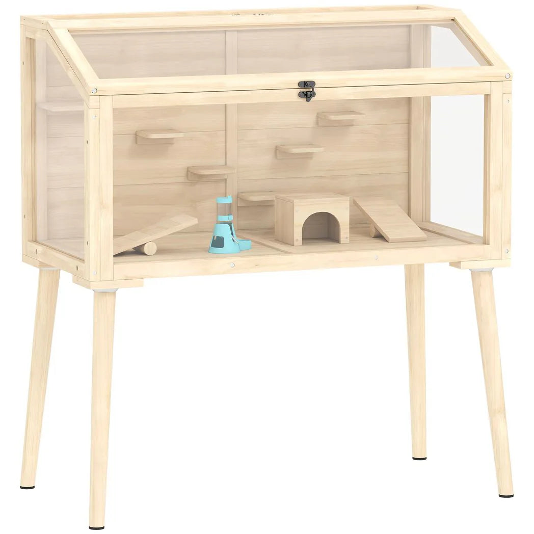 PawHut Wooden Hamster Cage, Hamster Habitat with Openable Top, Seesaws, Platforms, Water Bottle for Gerbils, 110 x 52 x 101 cm