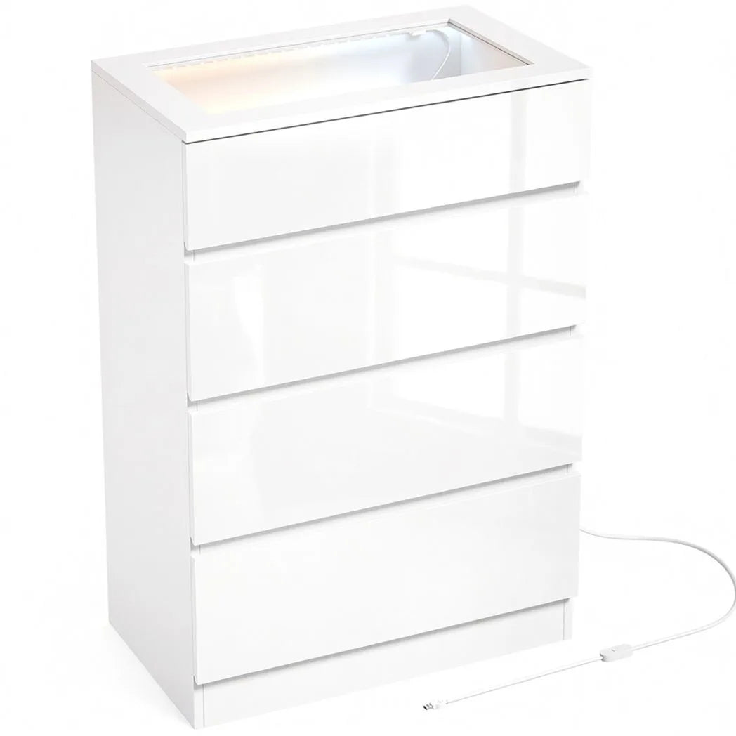 HOMCOM High Gloss 4 Drawer Chest of Drawers with Glass Top and RGB LED Lights, Dresser with Jewelry Organizer, APP Control