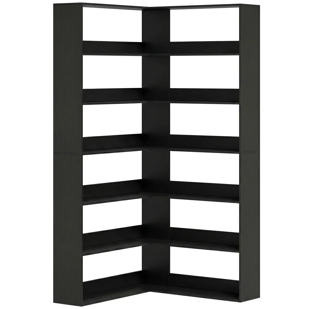 HOMCOM 7 Tiers Bookshelf, L-Shaped Corner Bookcase with Anti-Slip Rear Guard, Black Wood Effect
