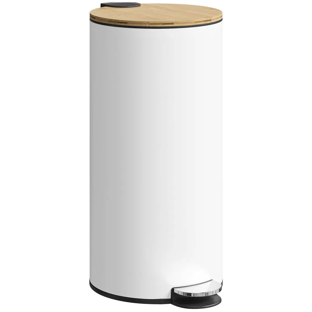HOMCOM Kitchen Bin, 30 Litre Pedal Rubbish Bin with Removable Bucket, White and Natural