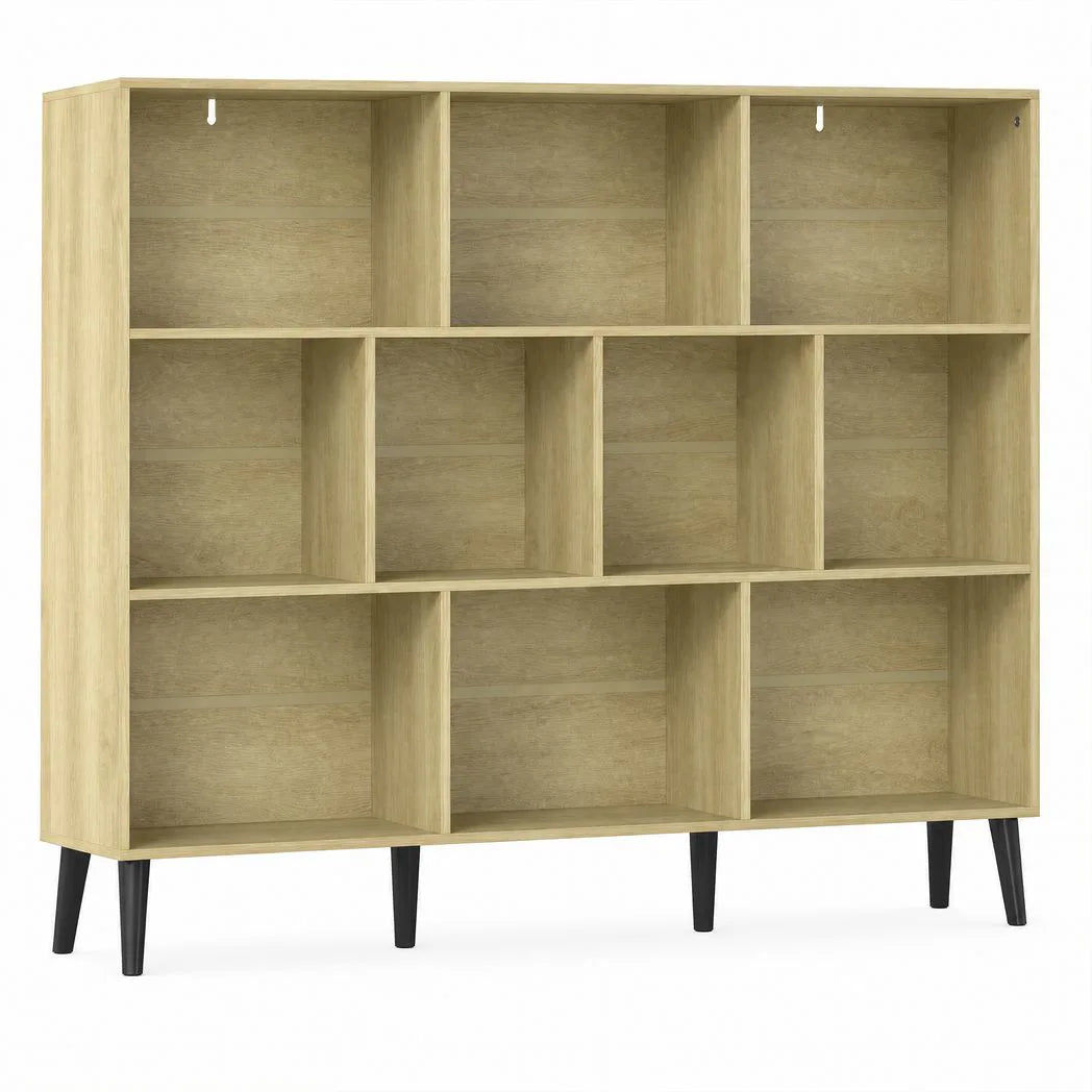 HOMCOM 10-Cube Bookcase, 3-Tier Book Shelf with Solid Wood Legs, 140 cm Modern Bookshelf with Anti-Tip Kit, Oak