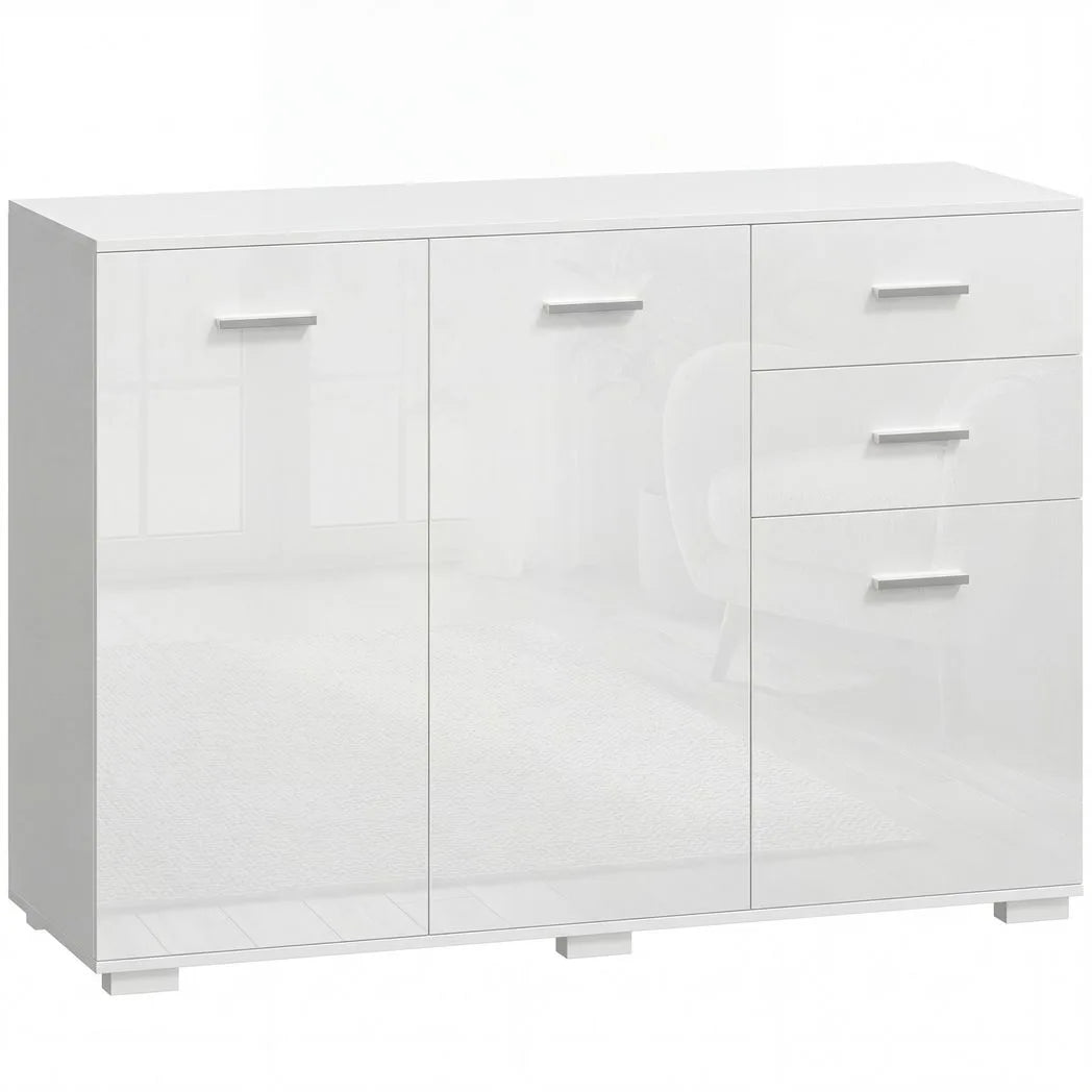 HOMCOM Sideboard, Modern Storage Cabinet with 2 Drawers, 3 Doors and Adjustable Shelves, High Gloss White