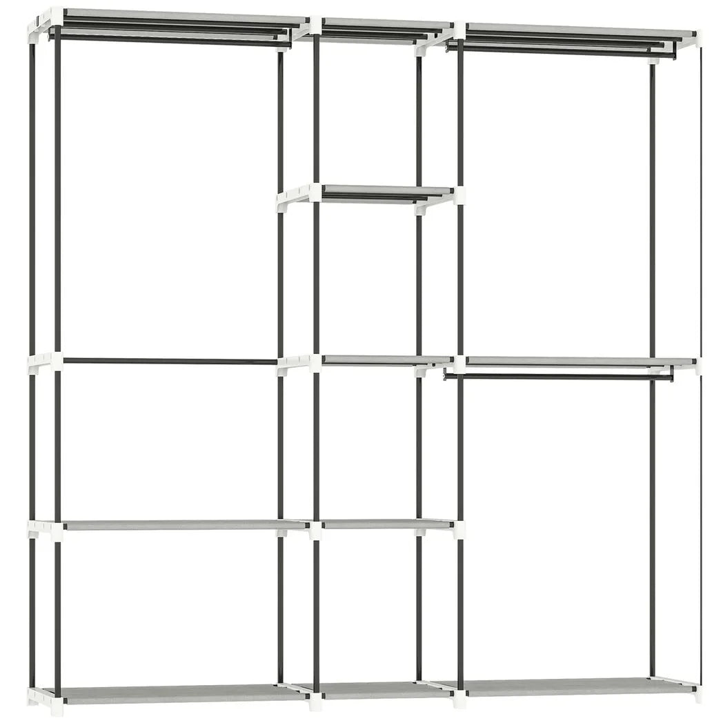 HOMCOM Portable Wardrobe, Open Clothes Wardrobe with 8 Shelves, 3 Hanging Rails, Light Grey