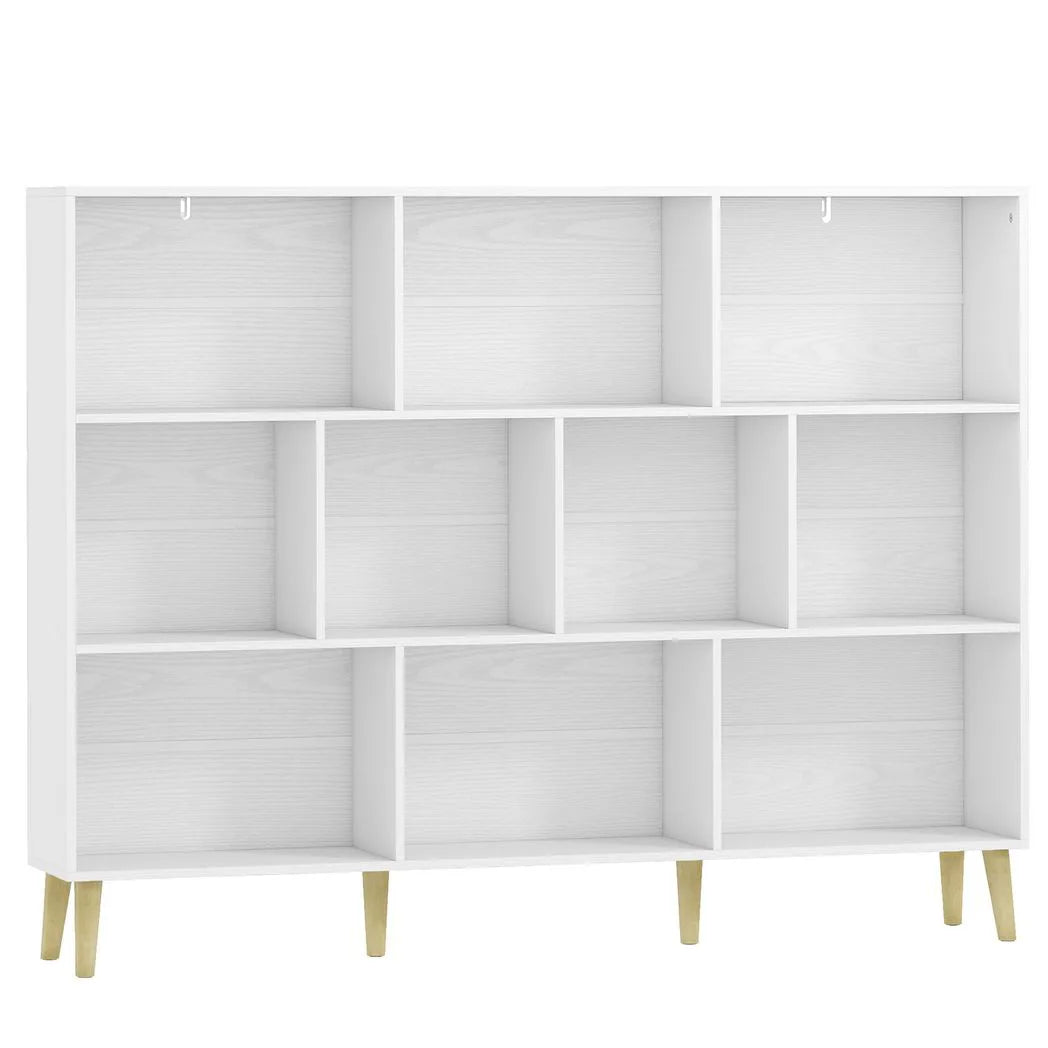 HOMCOM 10-Cube Bookcase, 3-Tier Book Shelf with Solid Wood Legs, 140 cm Modern Bookshelf with Anti-Tip Kit for Bedroom, White
