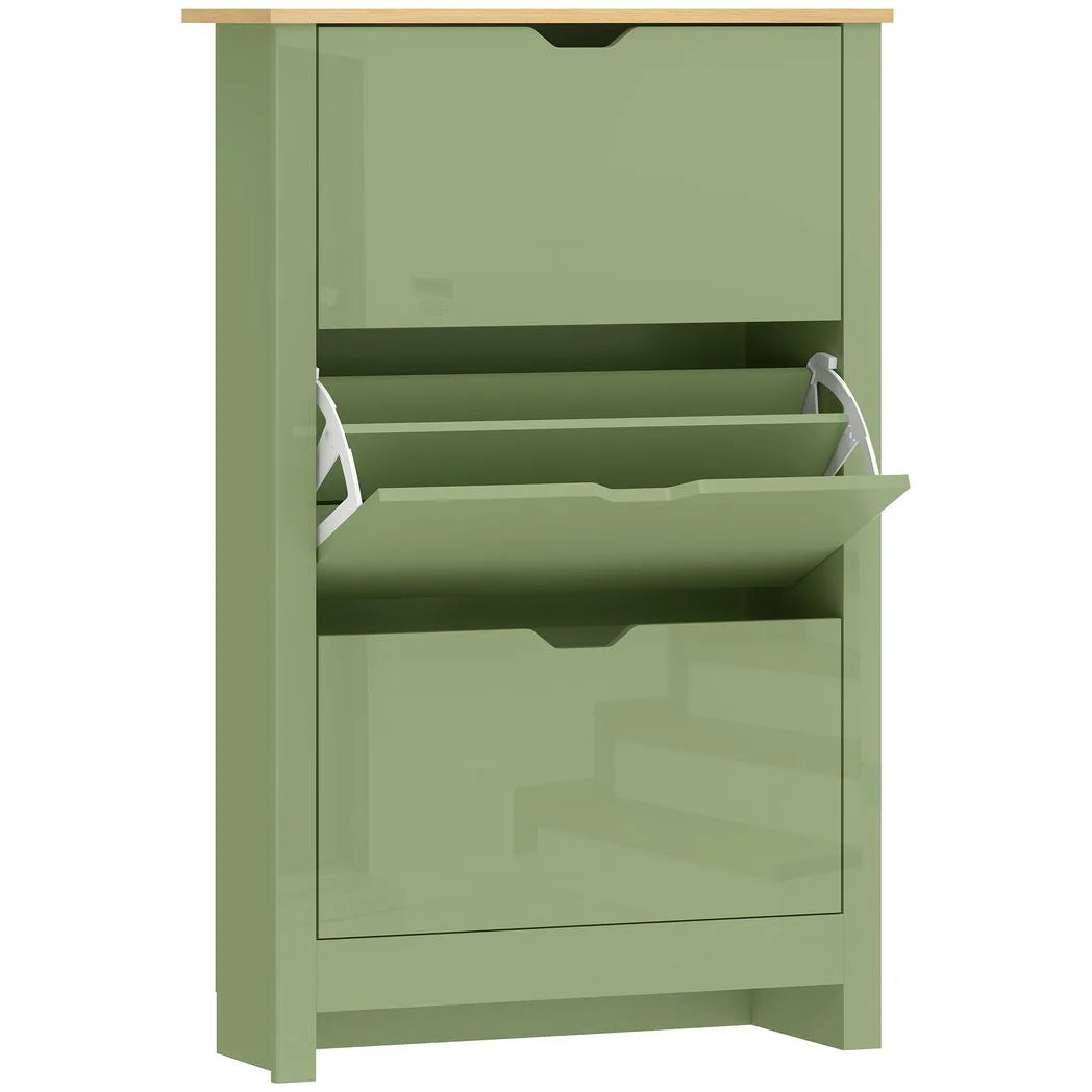 HOMCOM Slim Shoe Cabinet, Narrow Shoe Cupboard with 3 Flip Drawers, Adjustable Shelves for 18 Pairs of Shoes, High Gloss Green