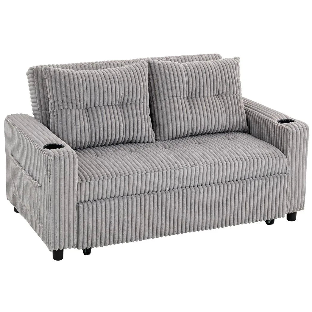 HOMCOM 2 Seater Click Clack Sofa Bed with Pull Out Design, Corduroy Upholstery - Light Grey