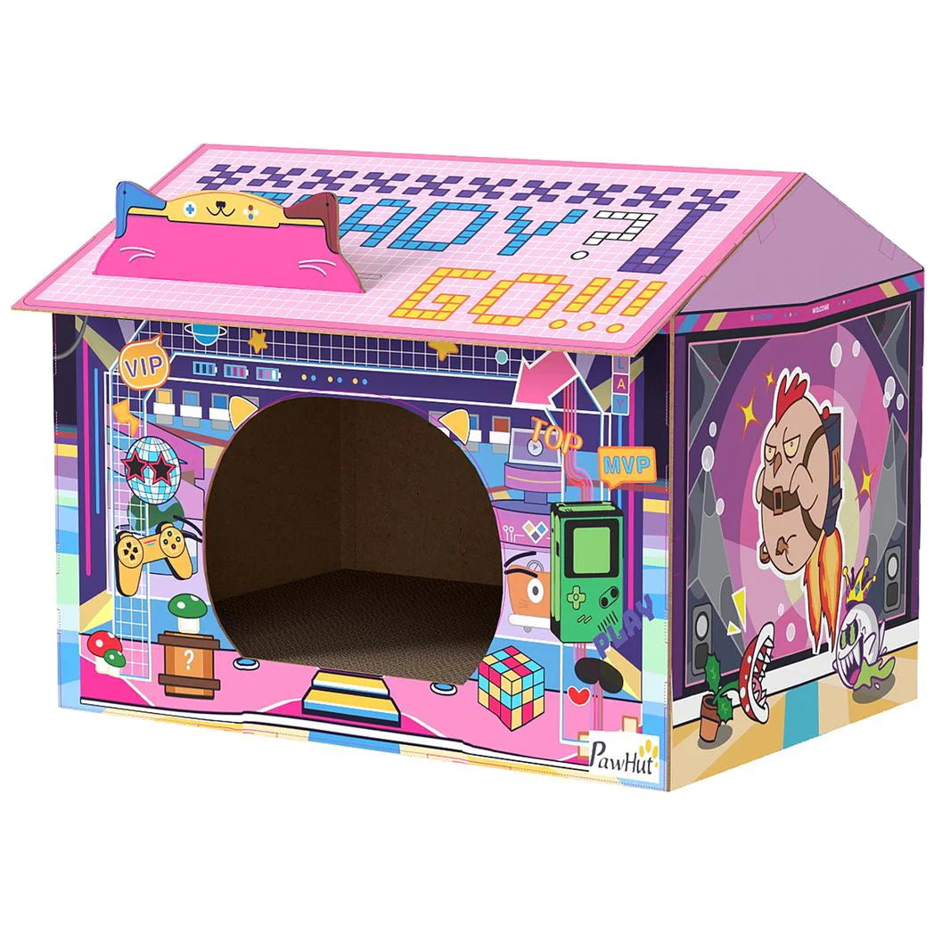 PawHut 2 in 1 Gaming Style Cardboard Cat House with Scratching Board & Catnip for Indoor Cats, Pink