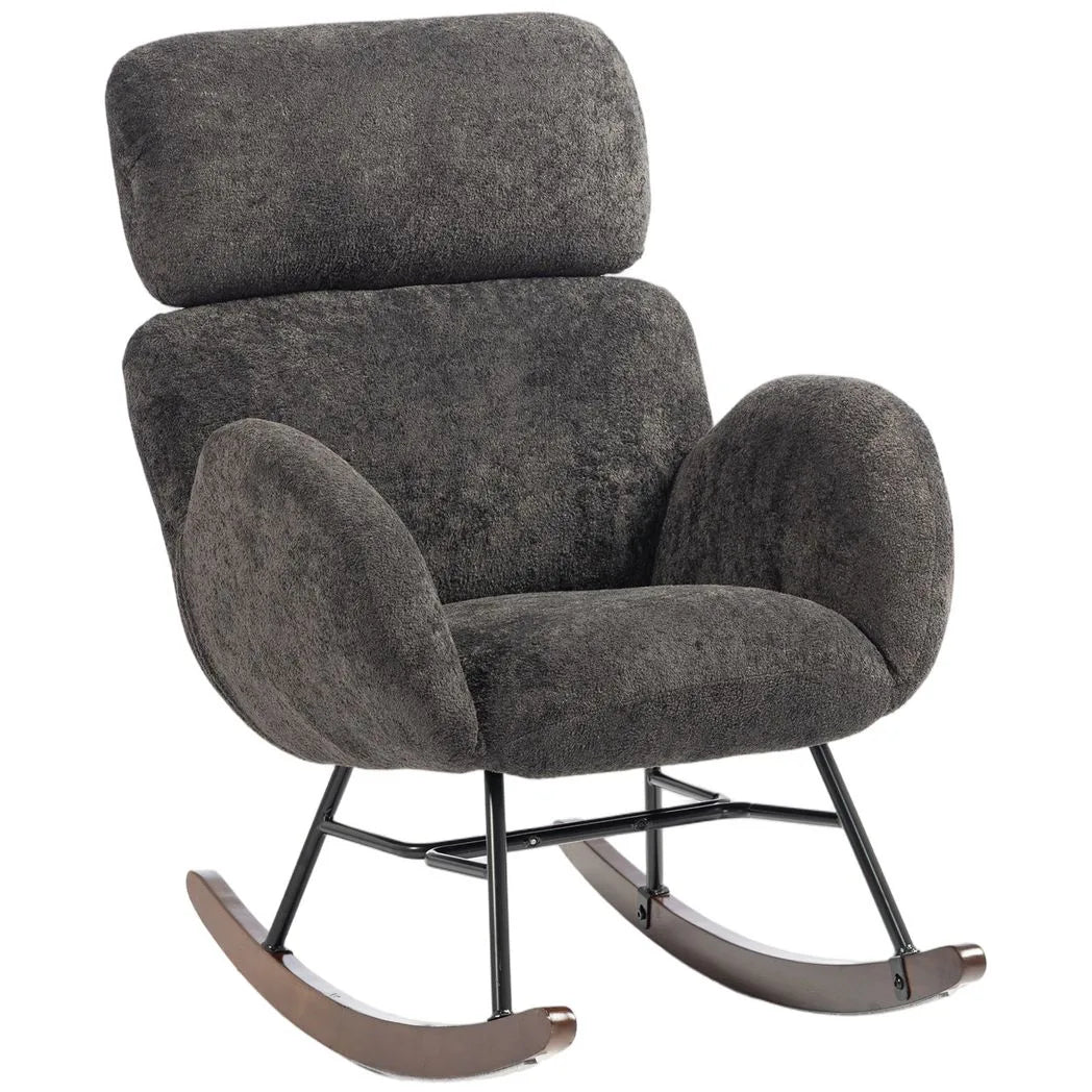 HOMCOM Upholstered Rocking Chair Adjustable Headrest Rocker Chair Raindrop Velvet Rubberwood Base Dark Grey