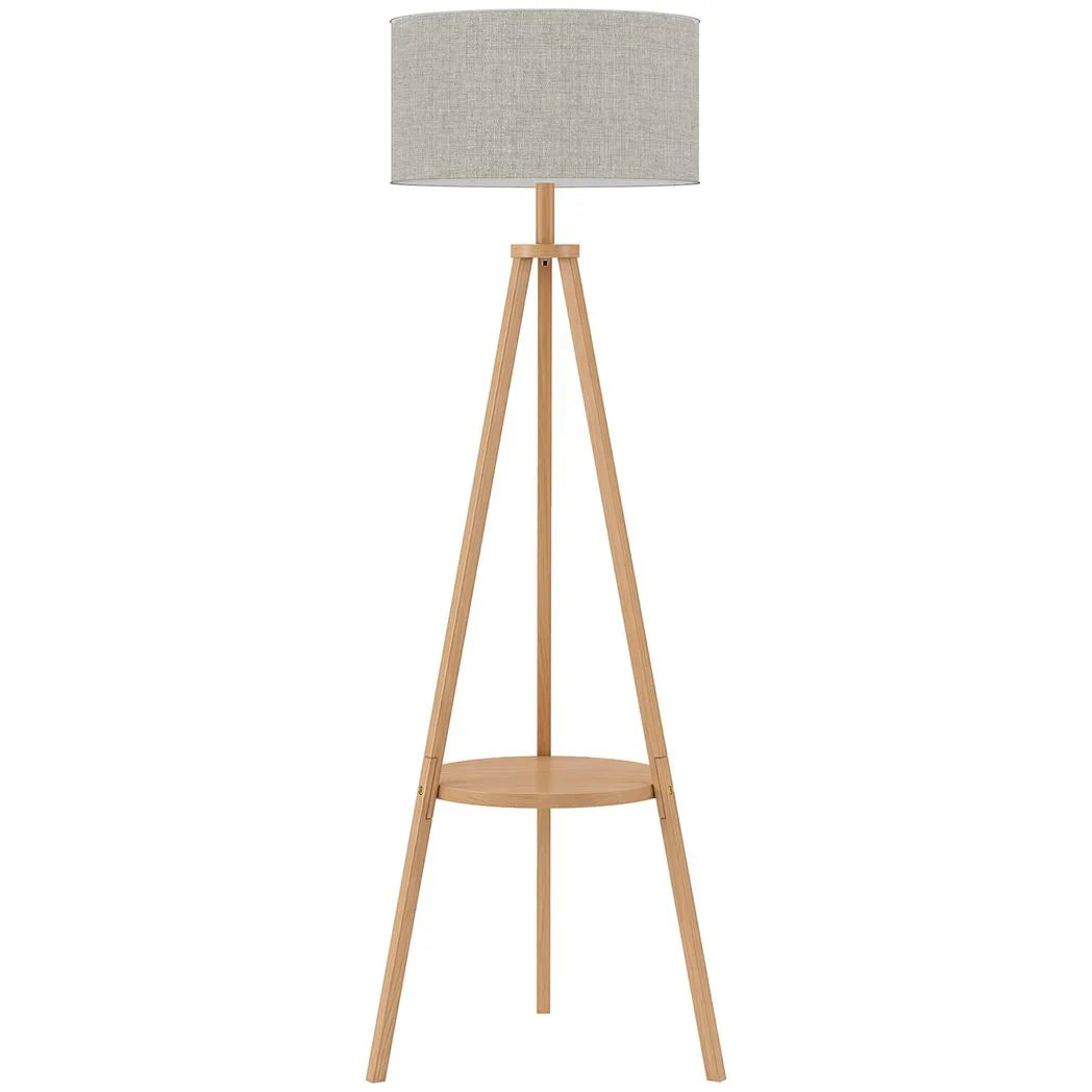HOMCOM Bedside Light, Tripod Floor Lamp with Storage Shelf and Linen Shade for Living Room, 160cm, Natural Wood Colour