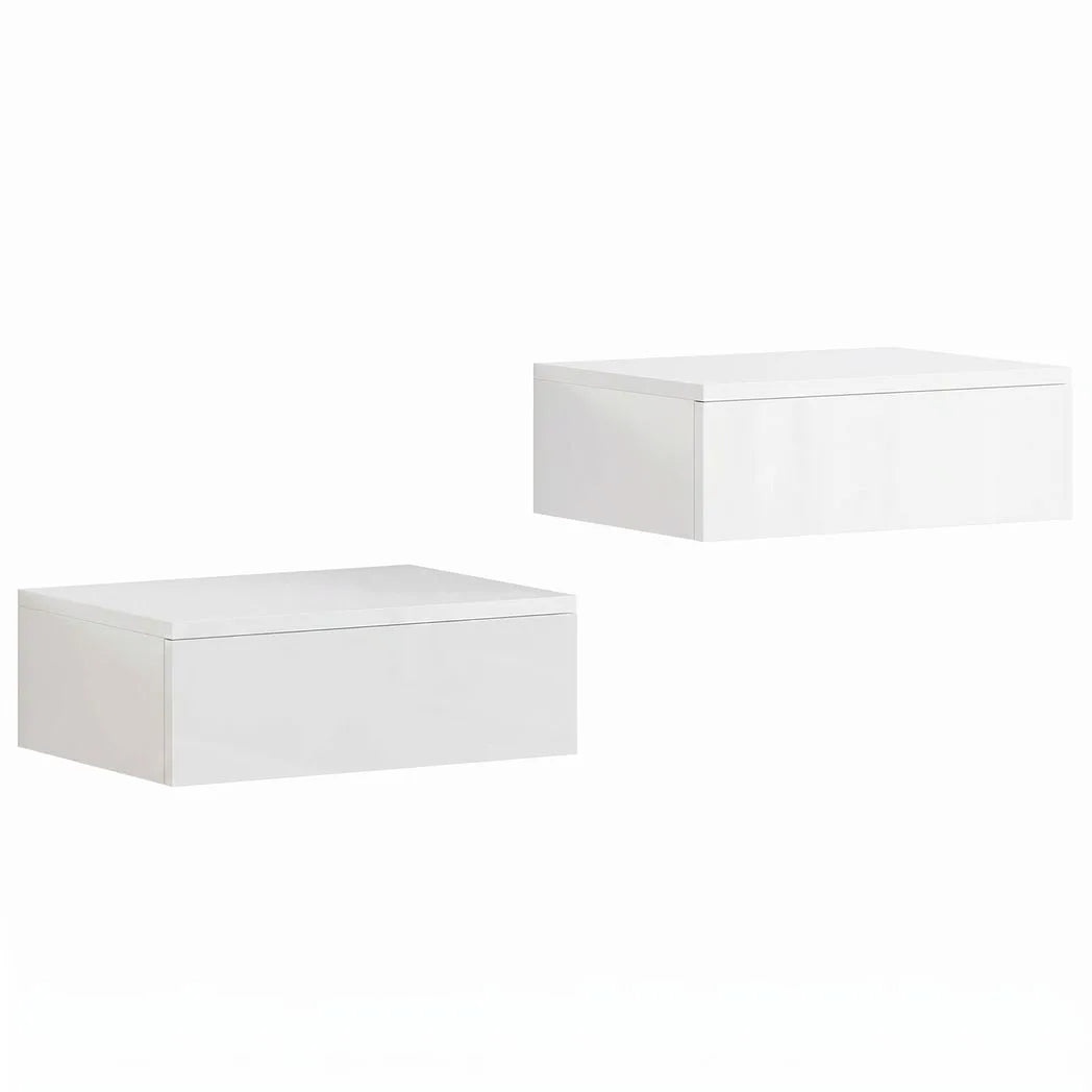 HOMCOM Floating Bedside Table Set of 2, Wall-Mounted Nightstand with High Gloss Finish & Storage Drawer, White