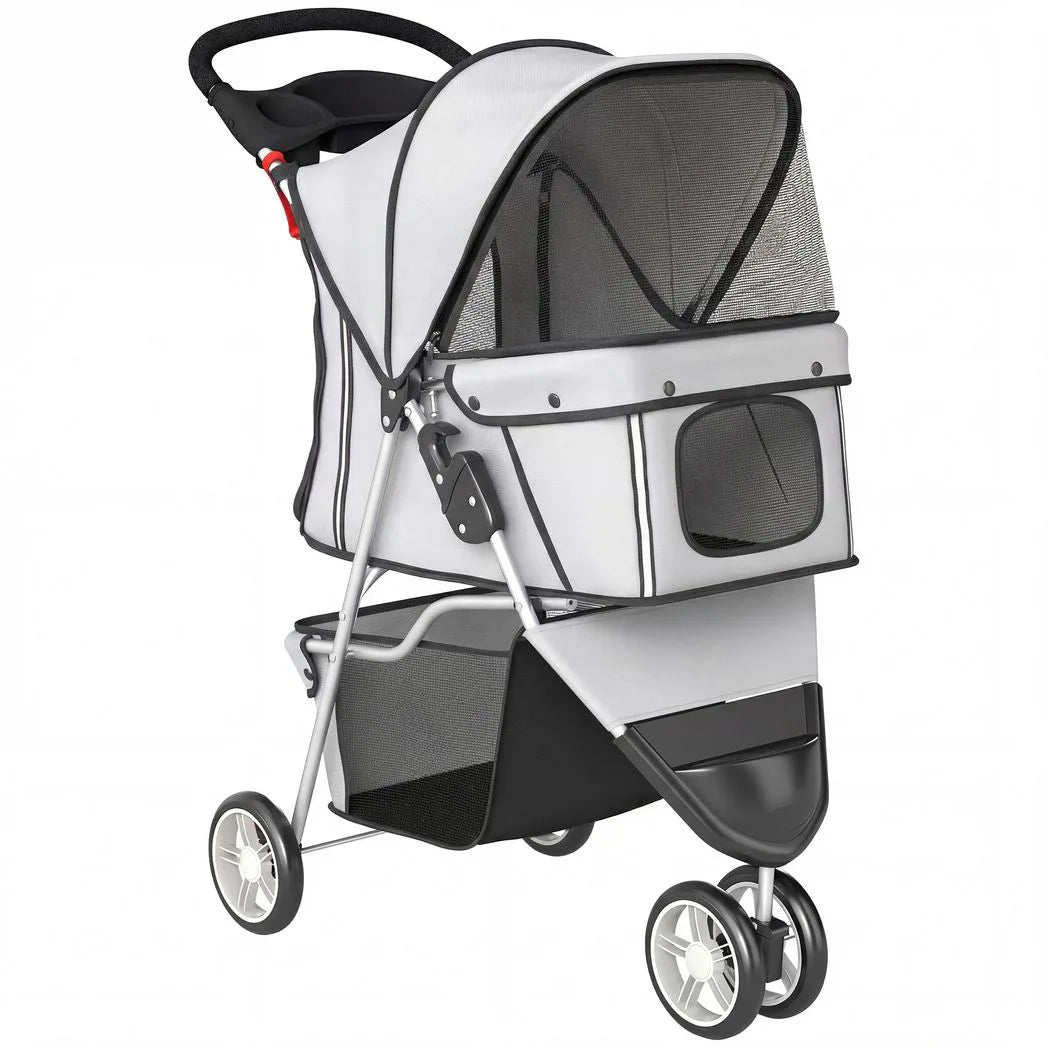 PawHut Dog Stroller, 3 Wheels Foldable Pet Stroller with Adjustable Canopy, Storage Basket for Small Mini Breeds, Grey