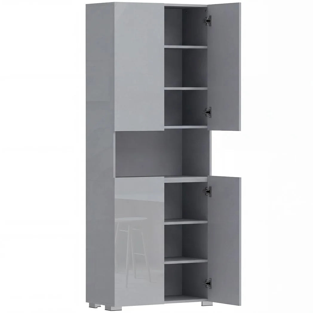 HOMCOM 180 cm Tall Kitchen Cupboard, Pantry Storage Cabinet with Soft Close Doors and Adjustable Shelves, High Gloss Grey
