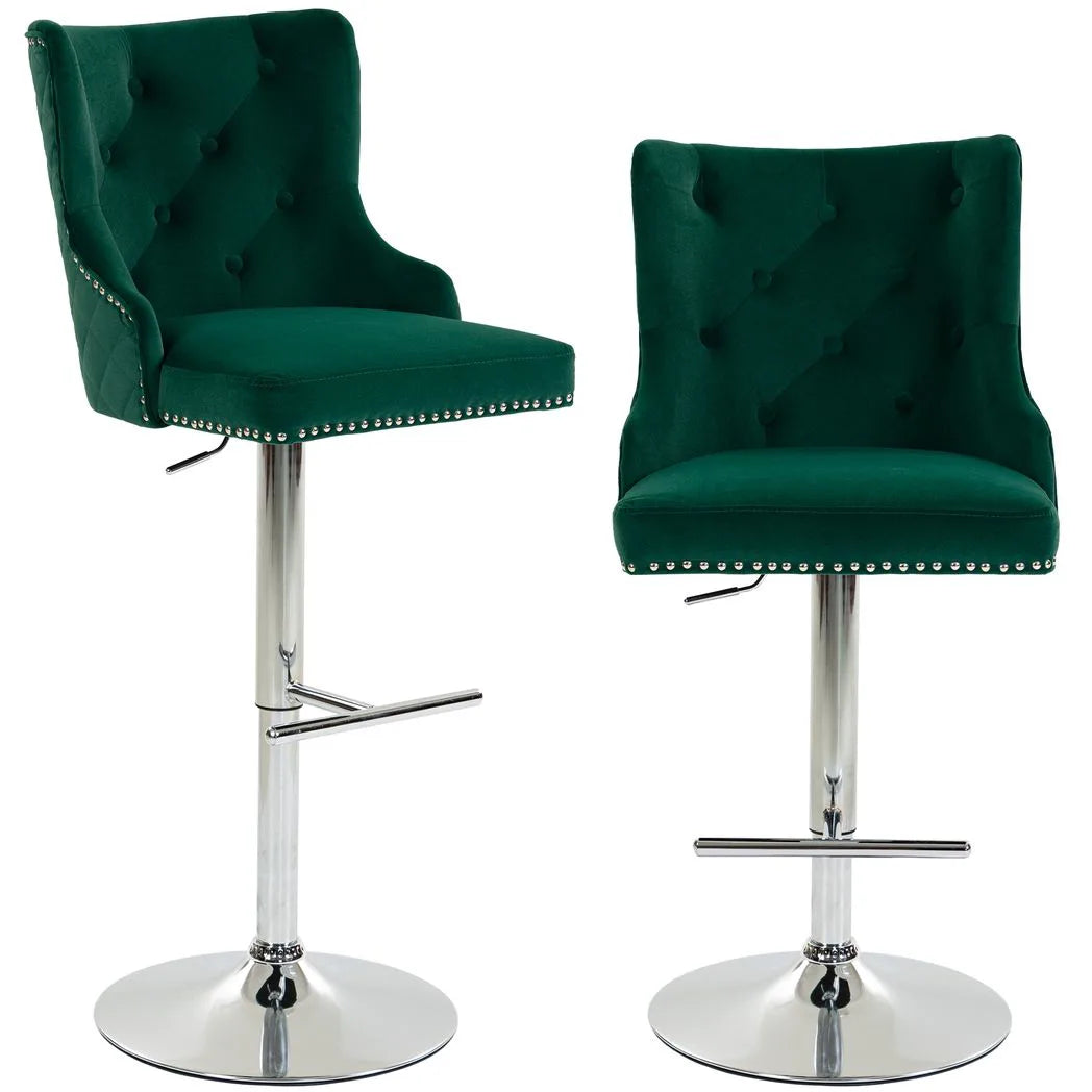 HOMCOM Bar Stools Set of 2, Modern Swivel & Adjustable Velvet Barstools with Button-Tufted Back, Footrest for Home Bar, Green