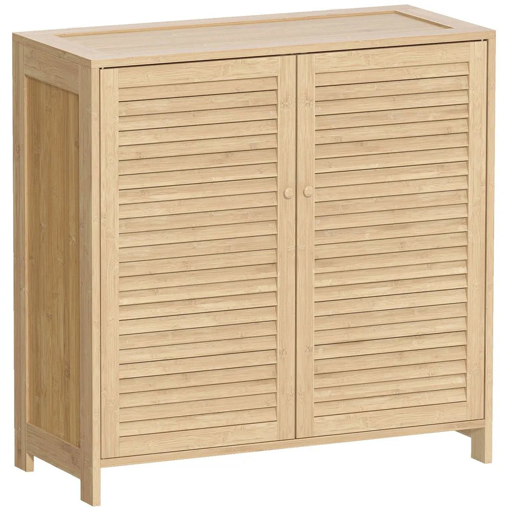 HOMCOM Bamboo Shoe Cabinet with Louvered Doors, 14 Pairs Shoe Storage Cabinet with Adjustable Shelves for Hallway, Natural