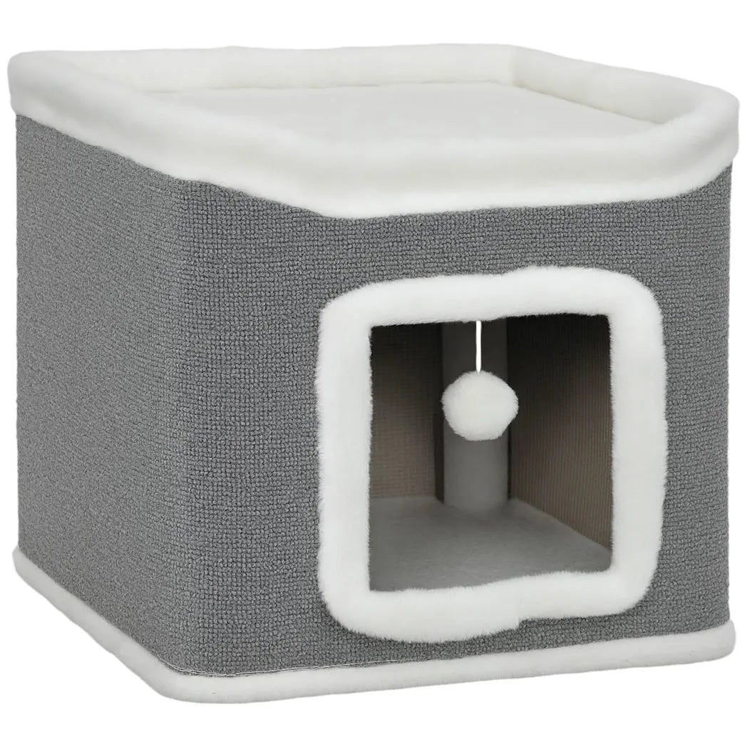 PawHut Cat House for Indoor Kittens, 2-Level Cat Cave Bed with Fluffy Balls, Top Bed, Kitten Barrel for Multi Kitties, Grey