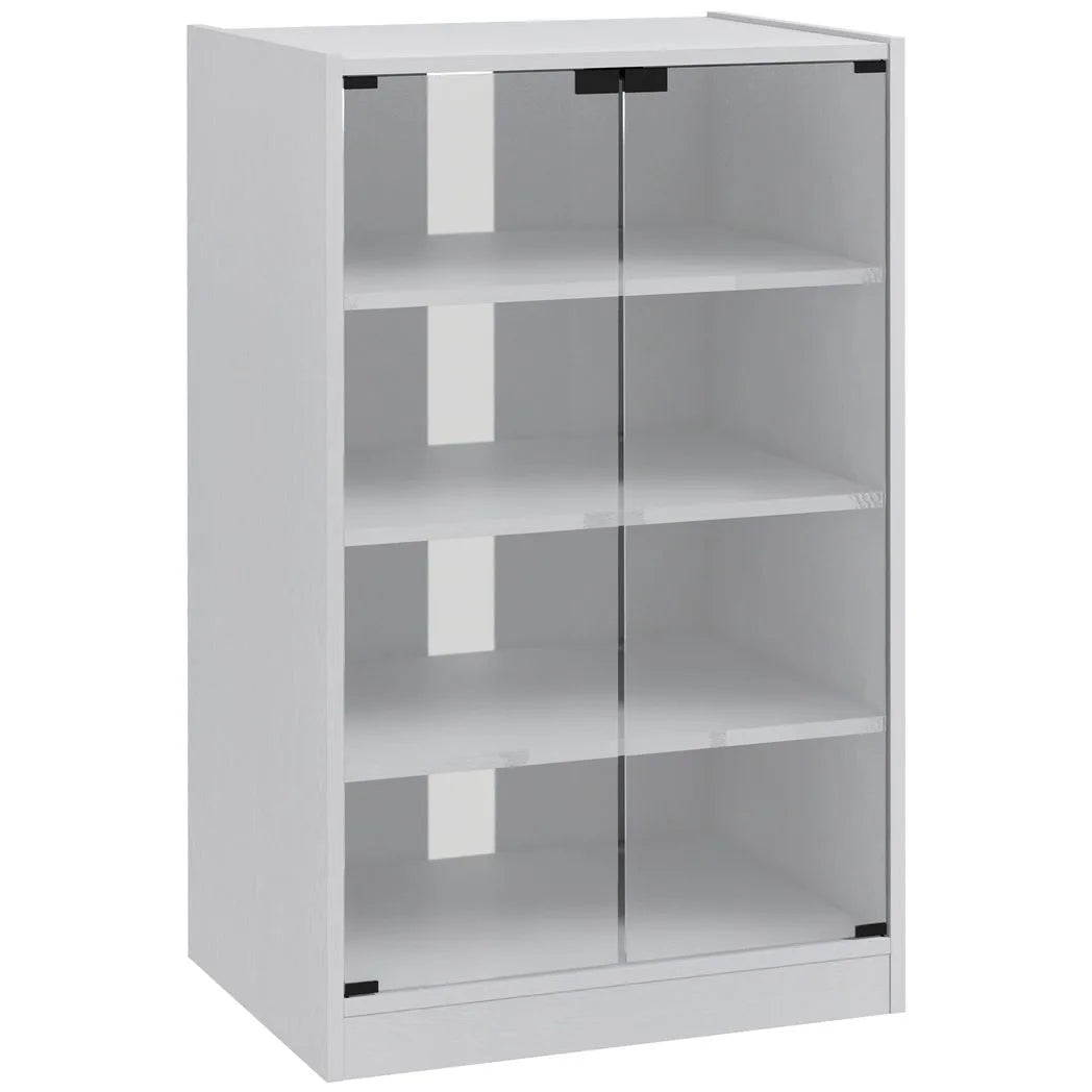 HOMCOM 4-Tier Hi-Fi Stand,  Record Player Stand with Adjustable Shelves and Push-to-Open Glass Doors, White Wood-Effect