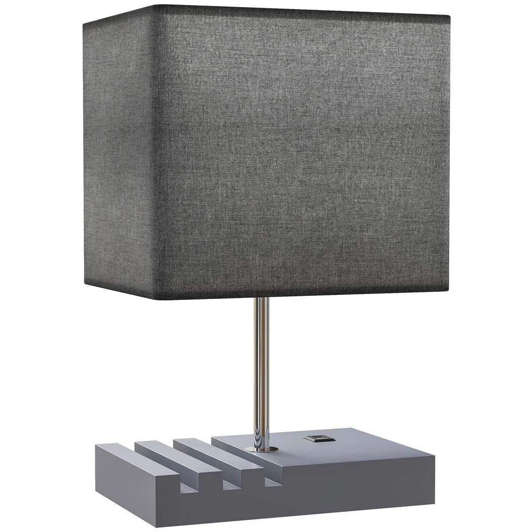 HOMCOM Bedside Lamp with USB A Charging Ports and 3 Phone Stands, Modern Table Lamp with Solid Wood Base and Fabric Shade for Bedroom Living Room Office, E27 Socket, Bulb Not Included, Grey