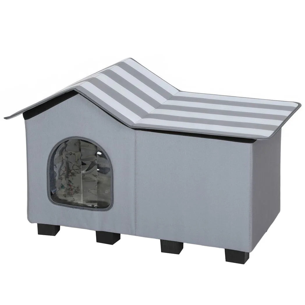 PawHut Outdoor Cat House, Weather Resistant Feral Cat Cave with Elevated Base and Cushion for Winter, Grey