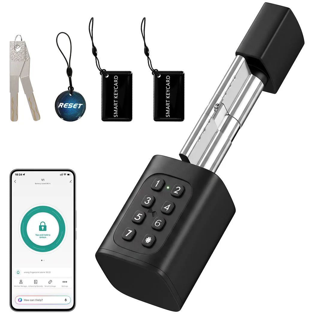 HOMCOM Smart Door Cylinder, 5-in-1 (Fingerprint Biometrics/Passcode/APP/NFC Card/Key), Shared Access, Bluetooth Cylinder