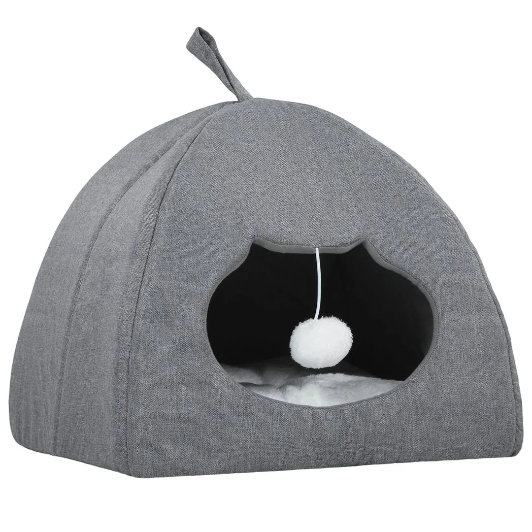 PawHut Cat Cave Bed for Indoor Kittens, Cat House with Removable Cushion and Teaser Ball, Kitty Igloo with Anti-Slip Base, 42 x 42 x 39 cm, Grey