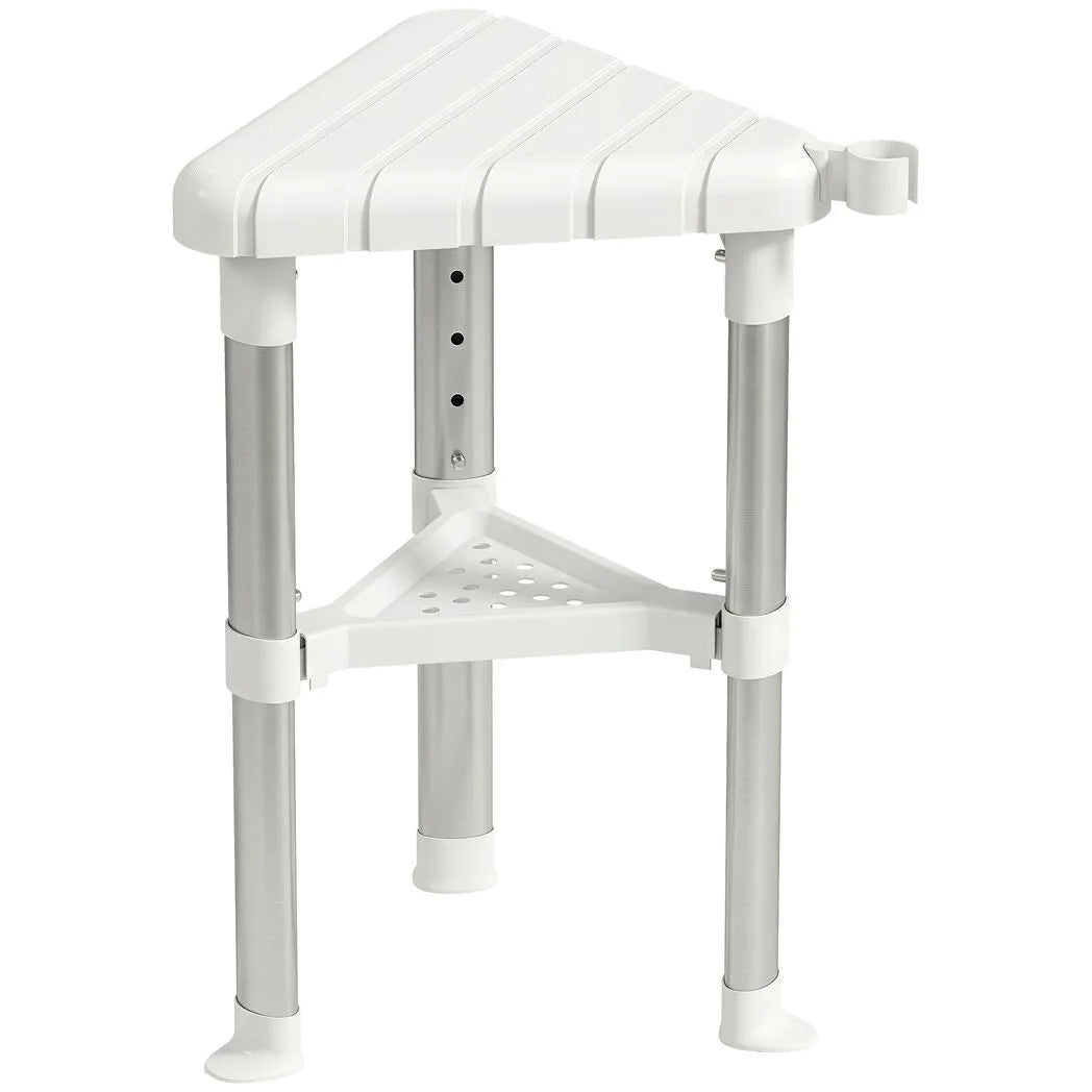 HOMCOM Shower Stool, Aluminium Alloy Corner Shower Chair with Storage Shelf and HDPE Seat, Adjustable Height, White