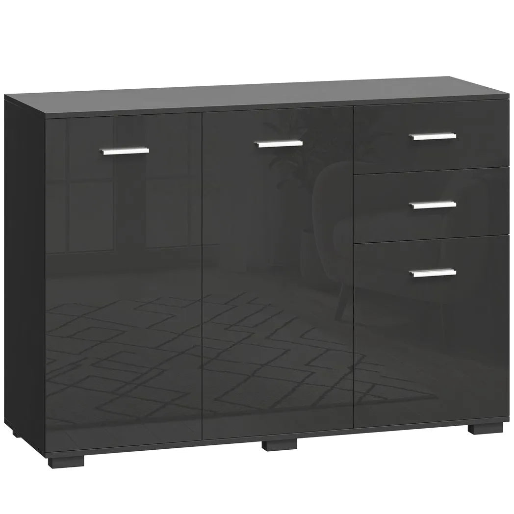 HOMCOM Sideboard, Modern Storage Cabinet with 2 Drawers, 3 Doors and Adjustable Shelves, High Gloss Black