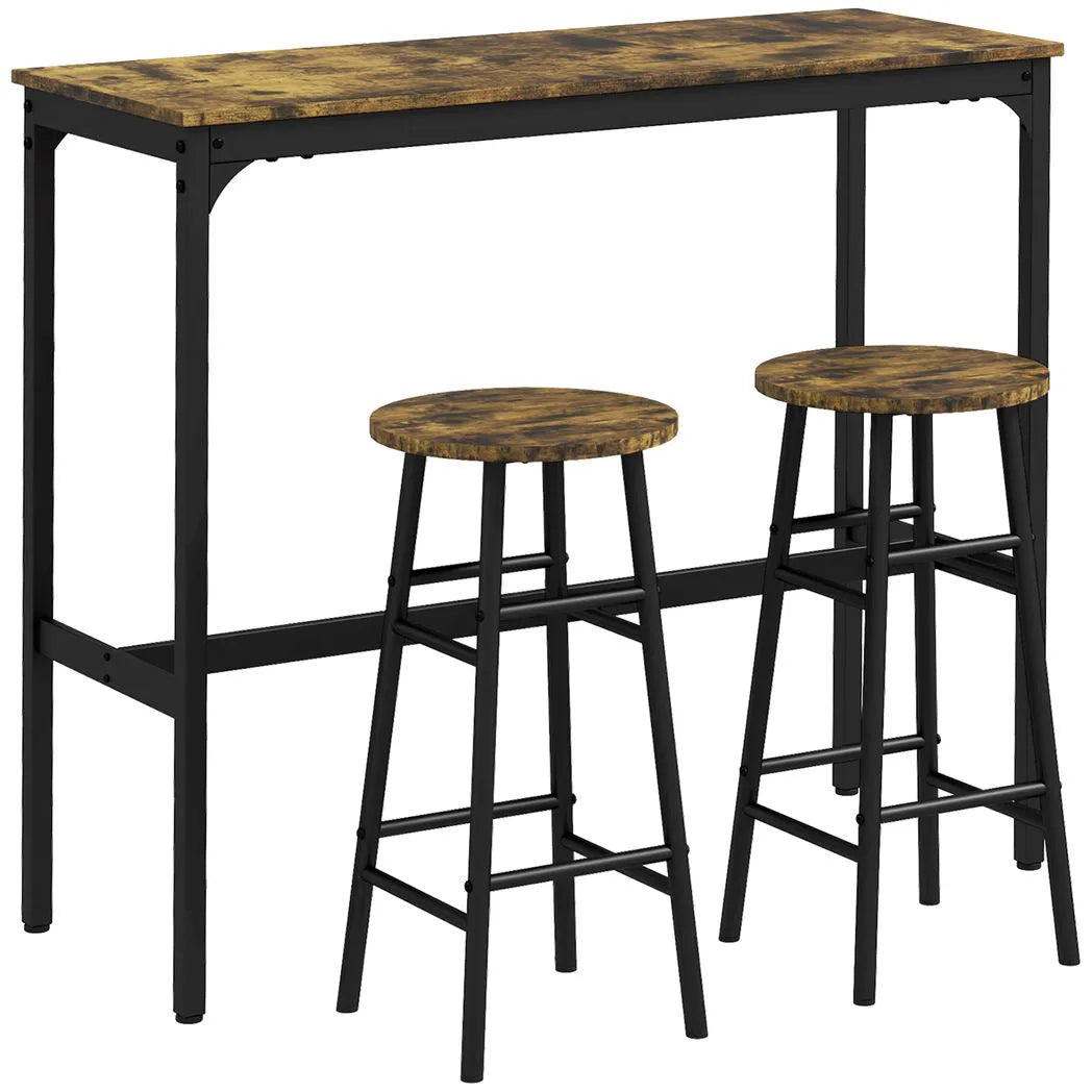 HOMCOM 3 Piece Bar Table Set with 2 Stools, Industrial Bar Table and Stool Set, Dining Table and Chair Set, Rustic Brown