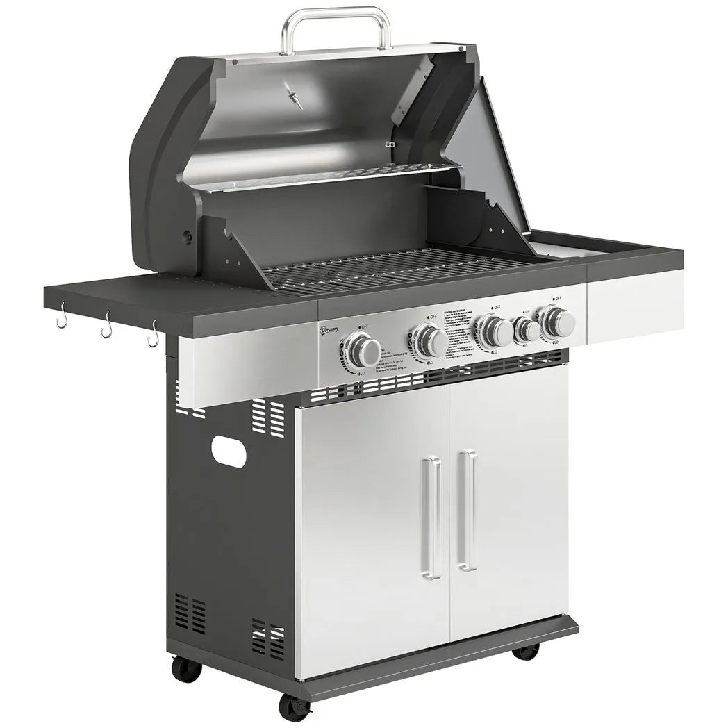 Outsunny 4 Burner Gas BBQ Grill, Portable Gas Barbecue Grill with Side Burner, Warming Rack, Side Shelf, Storage Cabinet