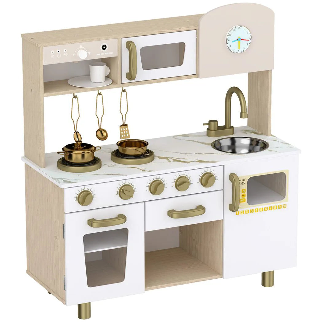 AIYAPLAY Play Kitchen, Kids Kitchen Playset with Rotating Coffee Machine, Storage Shelf, Stove, Gift for Kids 3-6 Years, White