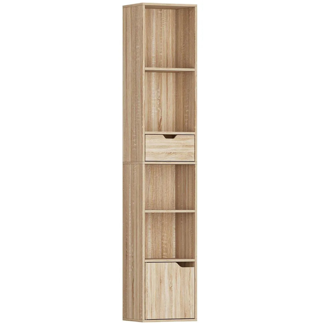 HOMCOM 6-Tier Bookcase, Tall Narrow Bookshelf with Drawer and Door - Natural Wood Finish