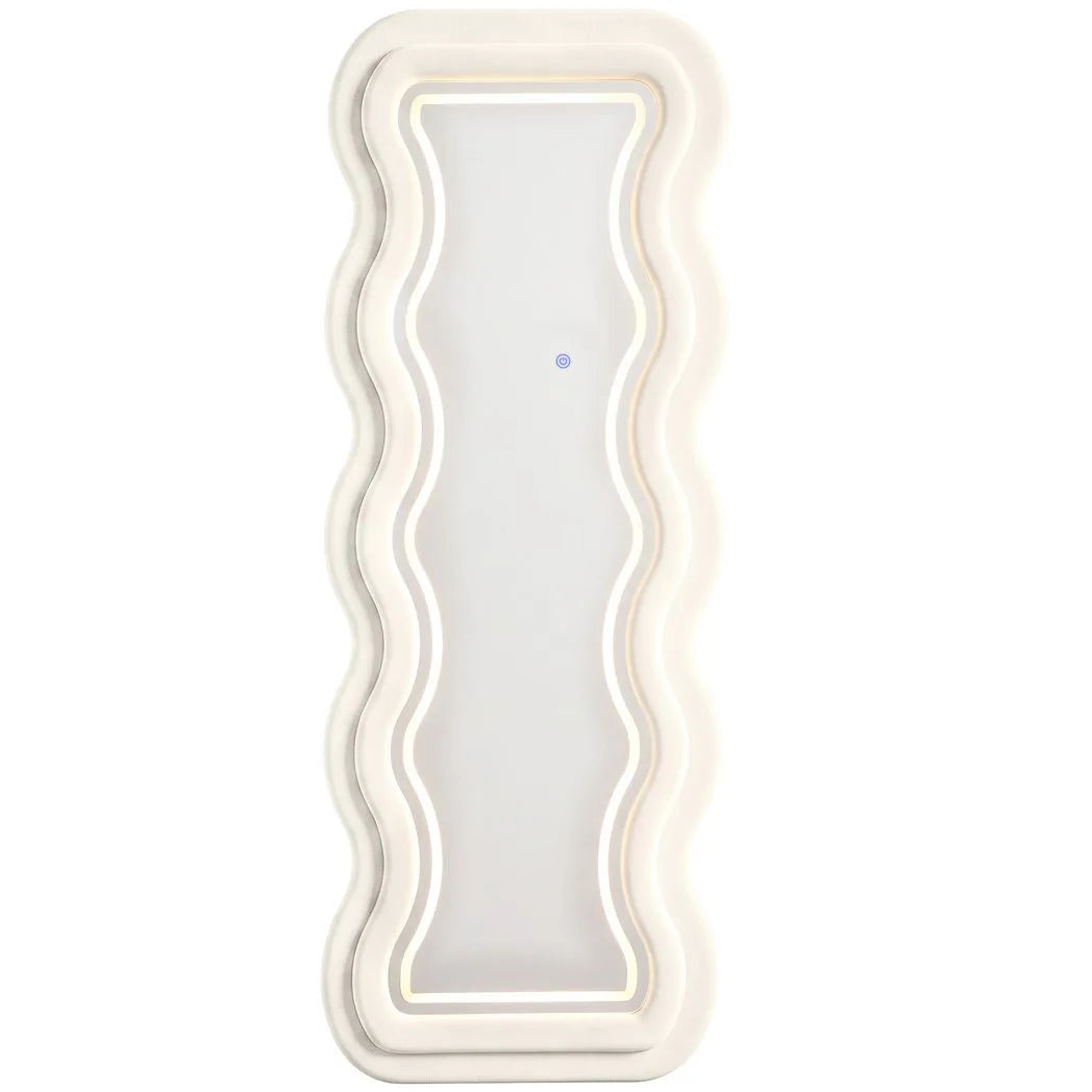 HOMCOM Full Length Mirror, 160 x 60 cm Wavy Full Body Wall Standing Mirror with Velvet Frame and LED Light Strip, Cream White