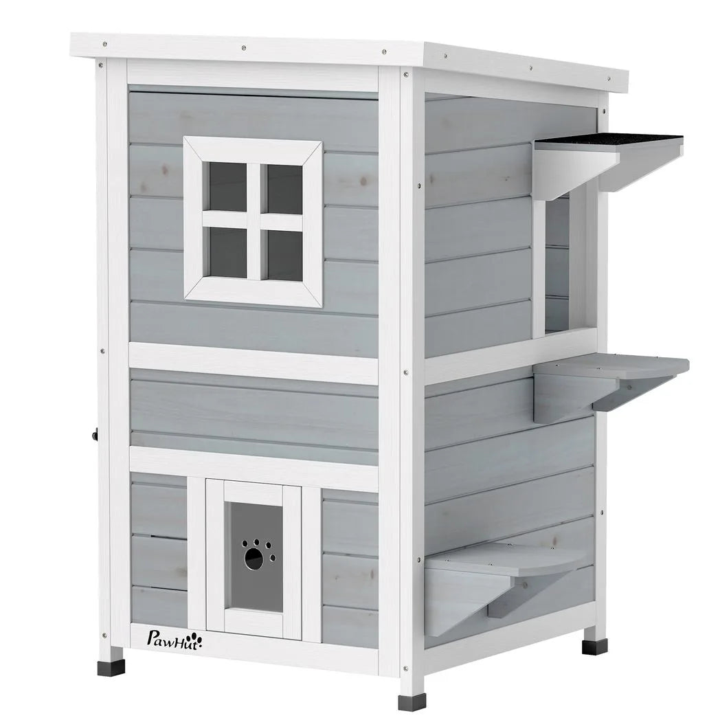 PawHut Wooden Cat House 2-Floor Outdoor Kitten Shelter with 3 Doors and Window Grey