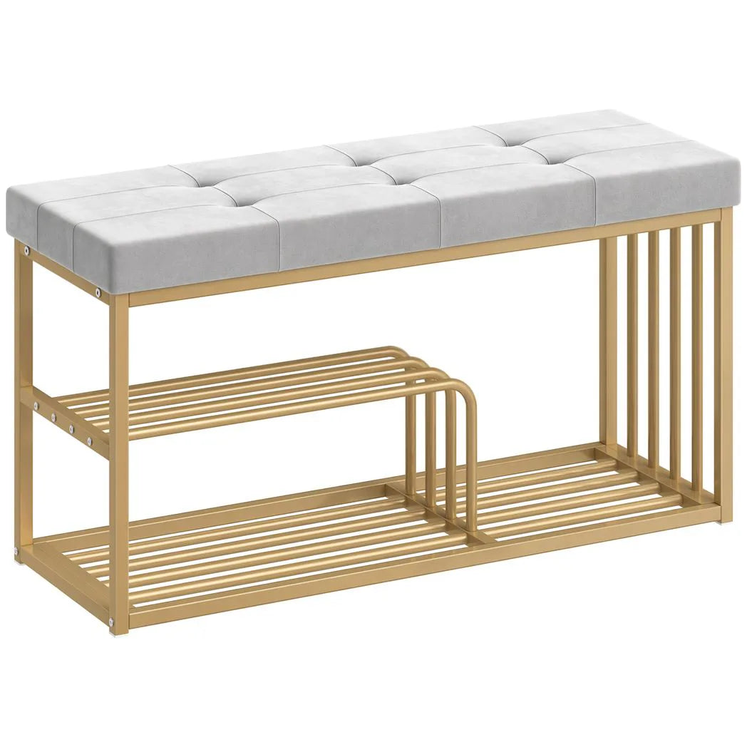 HOMCOM Bench and Shoe Storage, Tufted Shoe Storage Bench with Velvet Seat Cushion Gold Steel Frame for Entryway, Grey