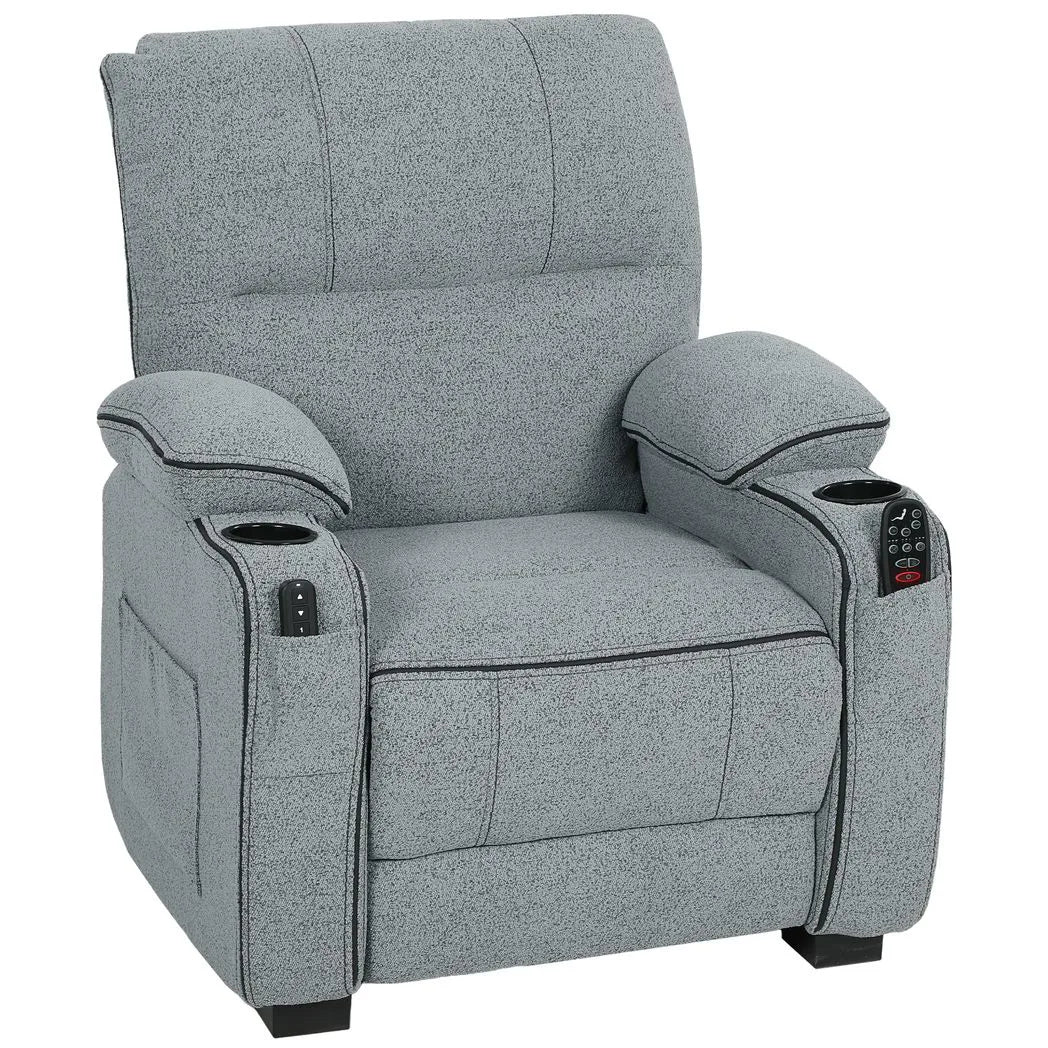 HOMCOM Electric Massage Recliner Armchair with Vibration, Heat, Whisper-Quiet Motor, Memory Function, Velvet Power Reclining Chair with Spring Pack, USB Port, Footrest, Side Pockets, Cup Holders, Grey