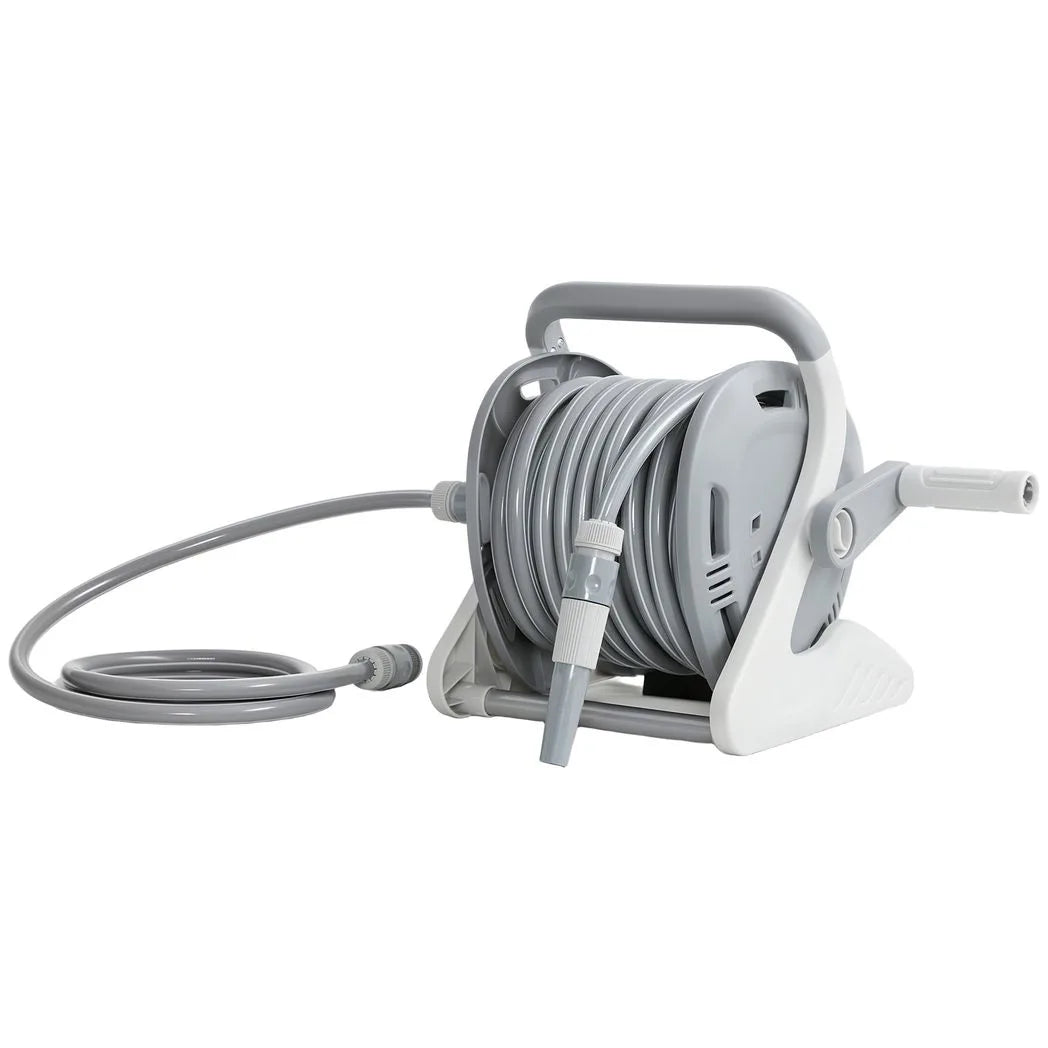 Outsunny Portable Garden Hose Reel, 20 m Wall Mounted Hose Reel with 2 Patterns Spray Nozzle and Crank Handle, Grey