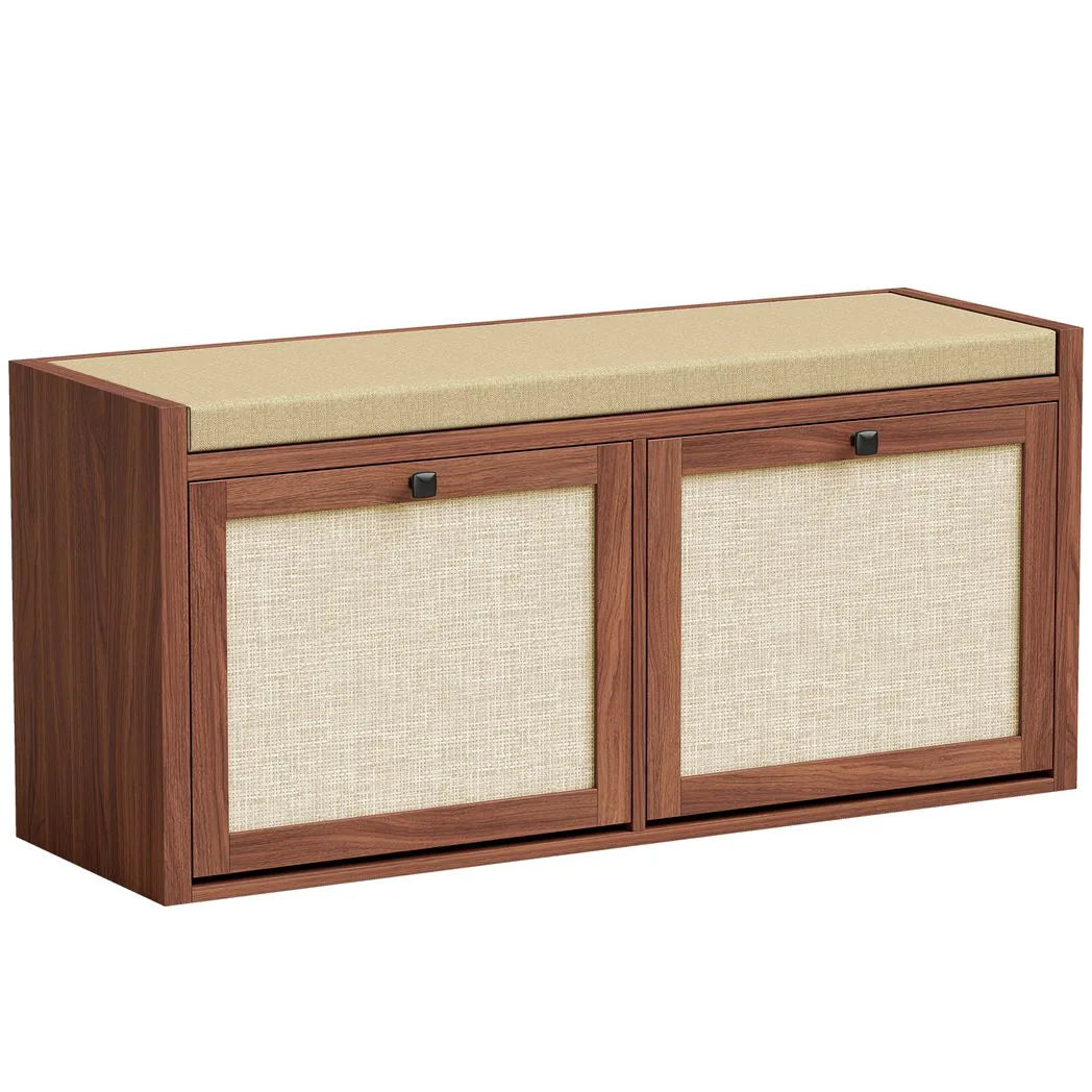 HOMCOM Rattan Shoe Bench with Padded Cushion and 2 Cabinets for Hidden Storage, Brown