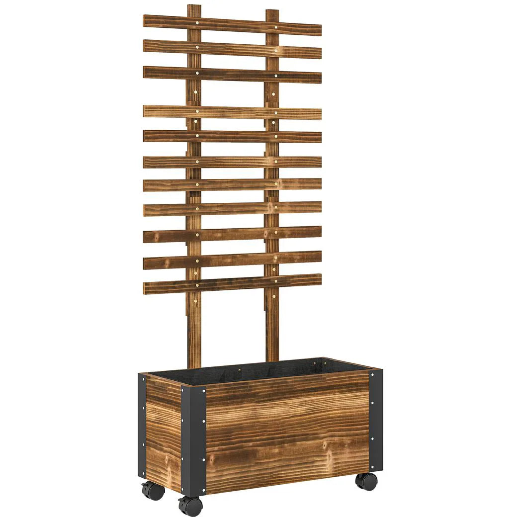 Outsunny Raised Garden Bed with Trellis, Outdoor Wooden Planter Box with Metal Corners and Wheels, Raised Bed for Garden